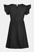 VYSN full size ruffled round neck cap sleeve denim dress displayed on a hanger, showing the ruffled neckline and cap sleeves.