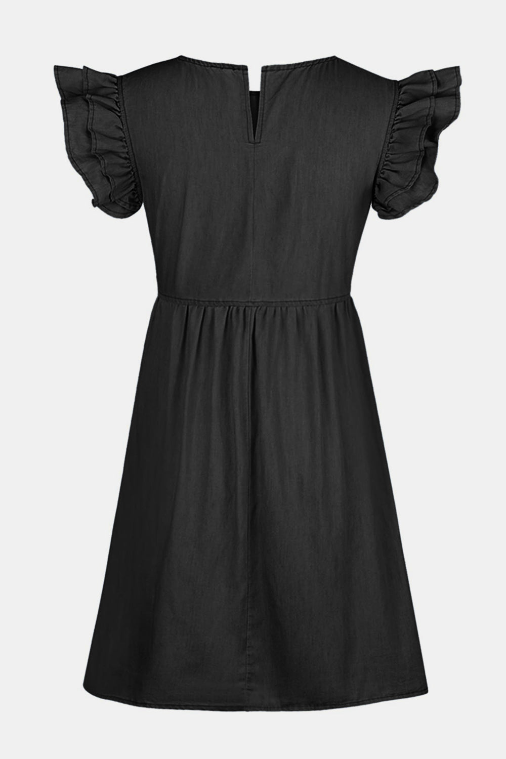 VYSN full size ruffled round neck cap sleeve denim dress displayed on a hanger, showing the ruffled neckline and cap sleeves.