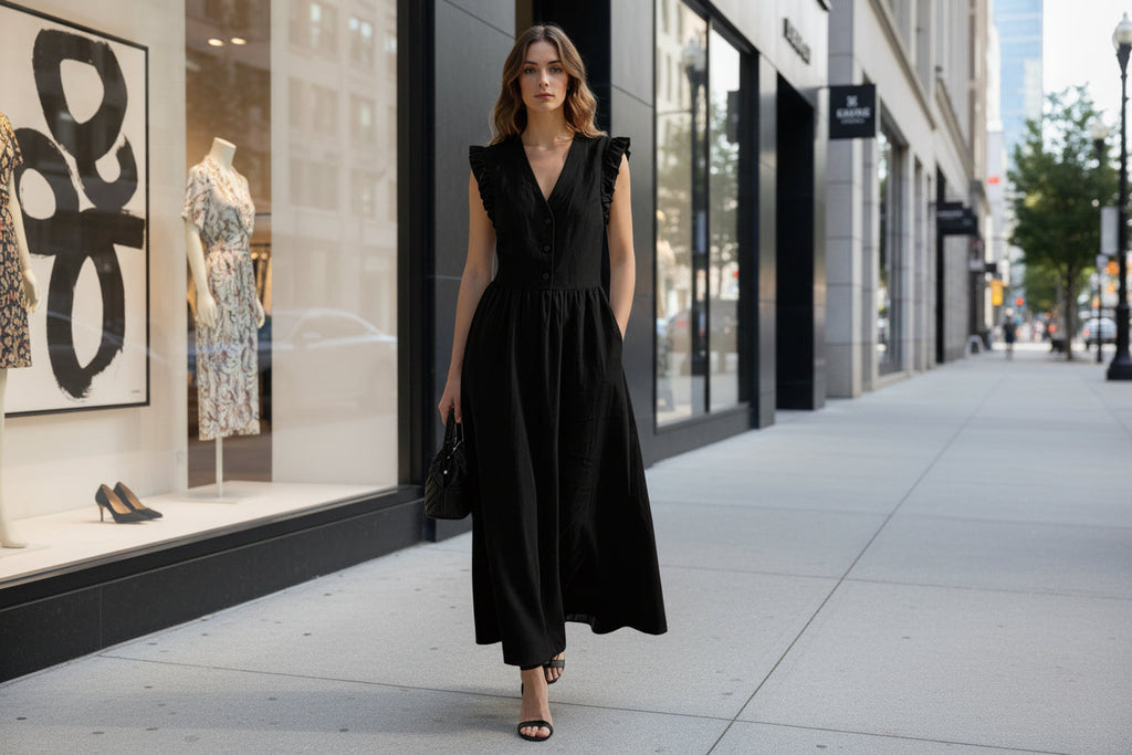 V-neck puff-sleeve cotton linen dress with pockets, casualwear by FitiqueFit in seven colors, shown on a model.