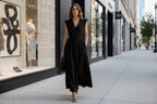 V-neck puff-sleeve cotton linen dress with pockets, casualwear by FitiqueFit in seven colors, shown on a model.