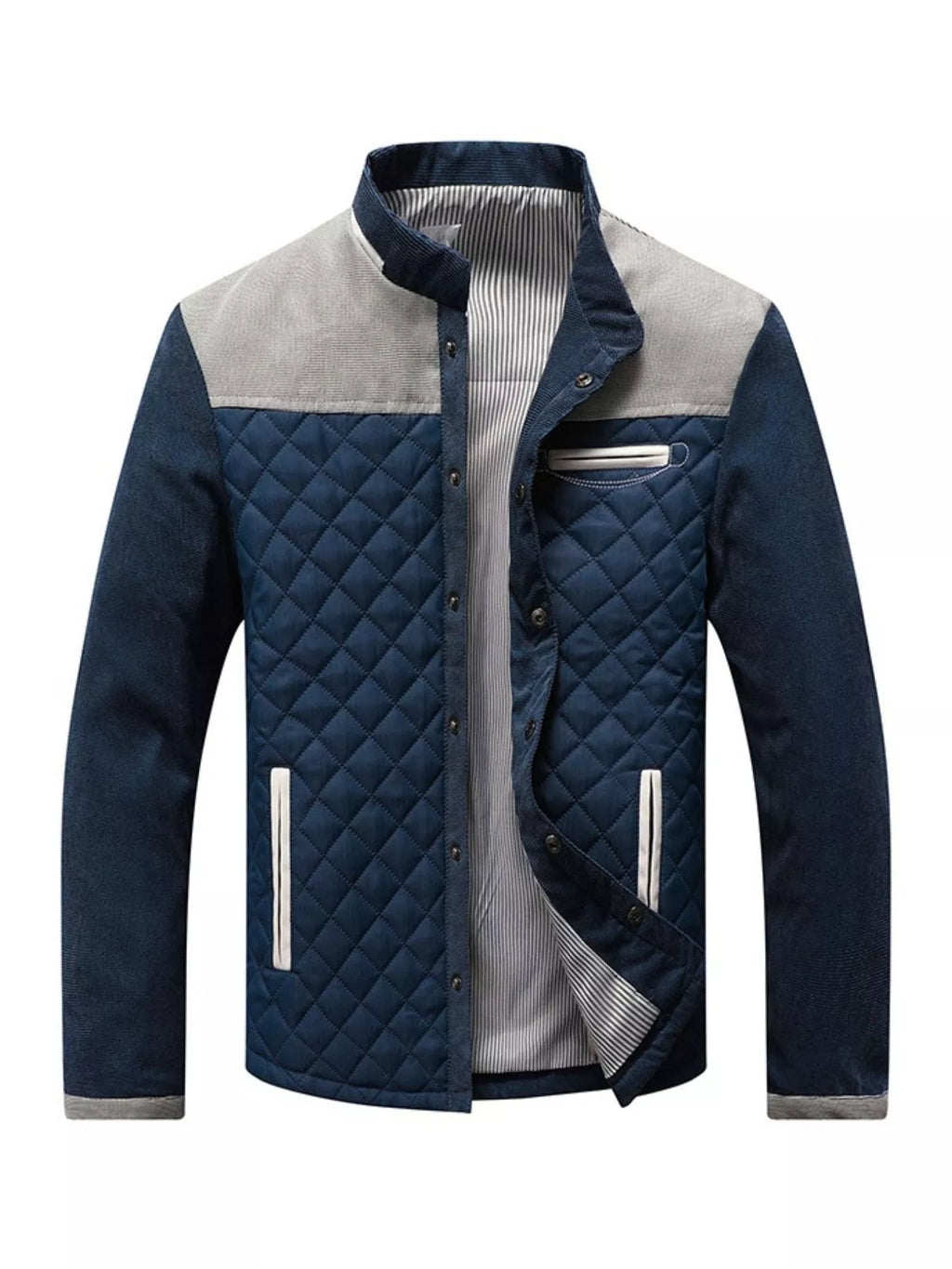 Men's plus size quilted snap-down jacket by Shopimist, featuring a full-size, padded design with a stand collar and front snap buttons.