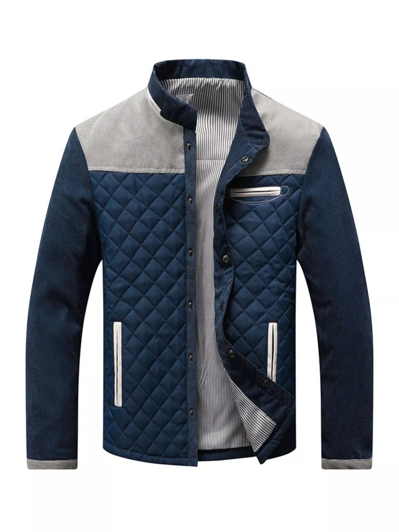 Men's plus size quilted snap-down jacket by Shopimist, featuring a full-size, padded design with a stand collar and front snap buttons.