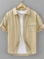 Plus size men's button-up short sleeve shirt by Shopimist, shown in navy with a classic collar and chest pocket.