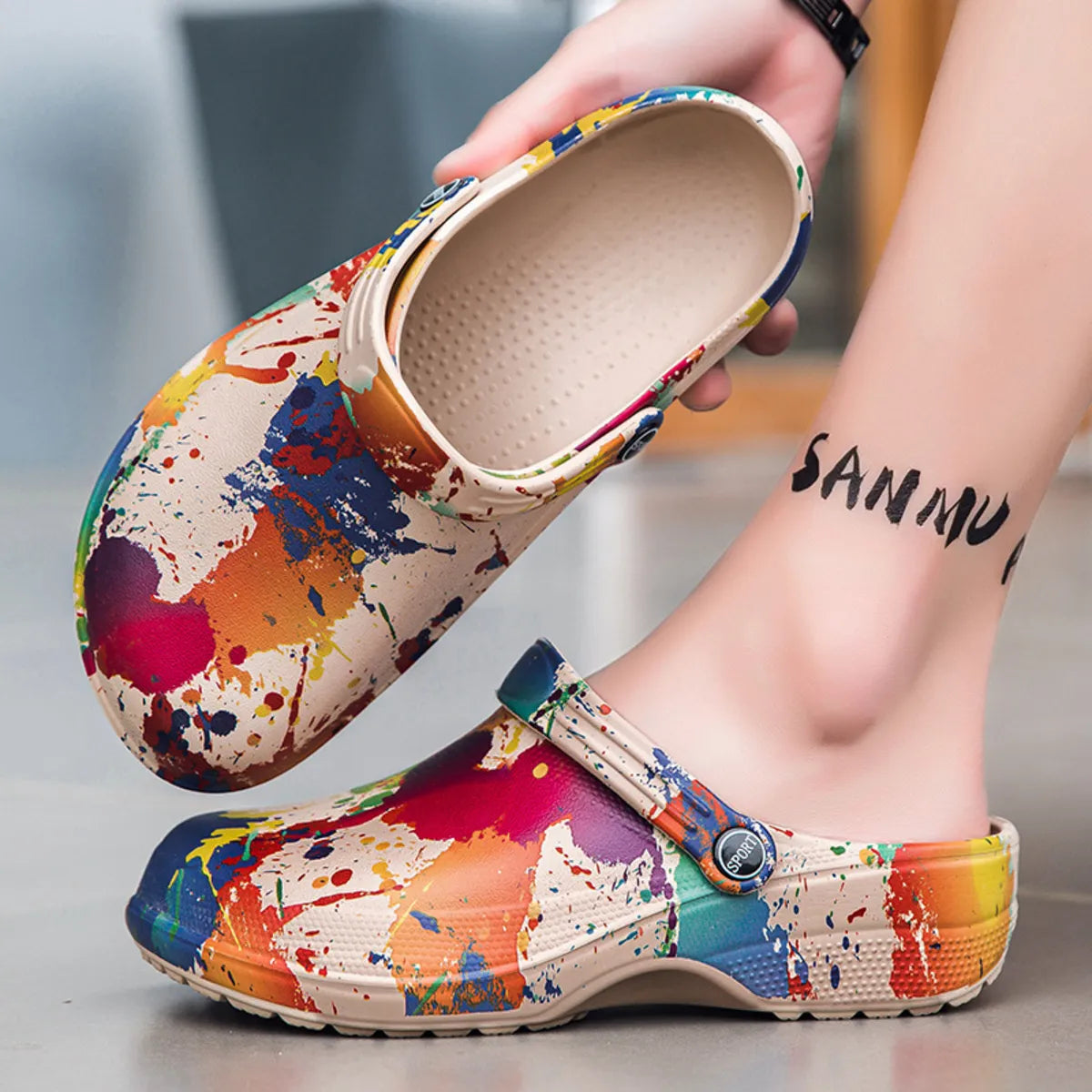 Men's colorful paint splash sandals by Trendsi, showcasing vibrant, casual footwear with bold, artistic design and comfortable straps.