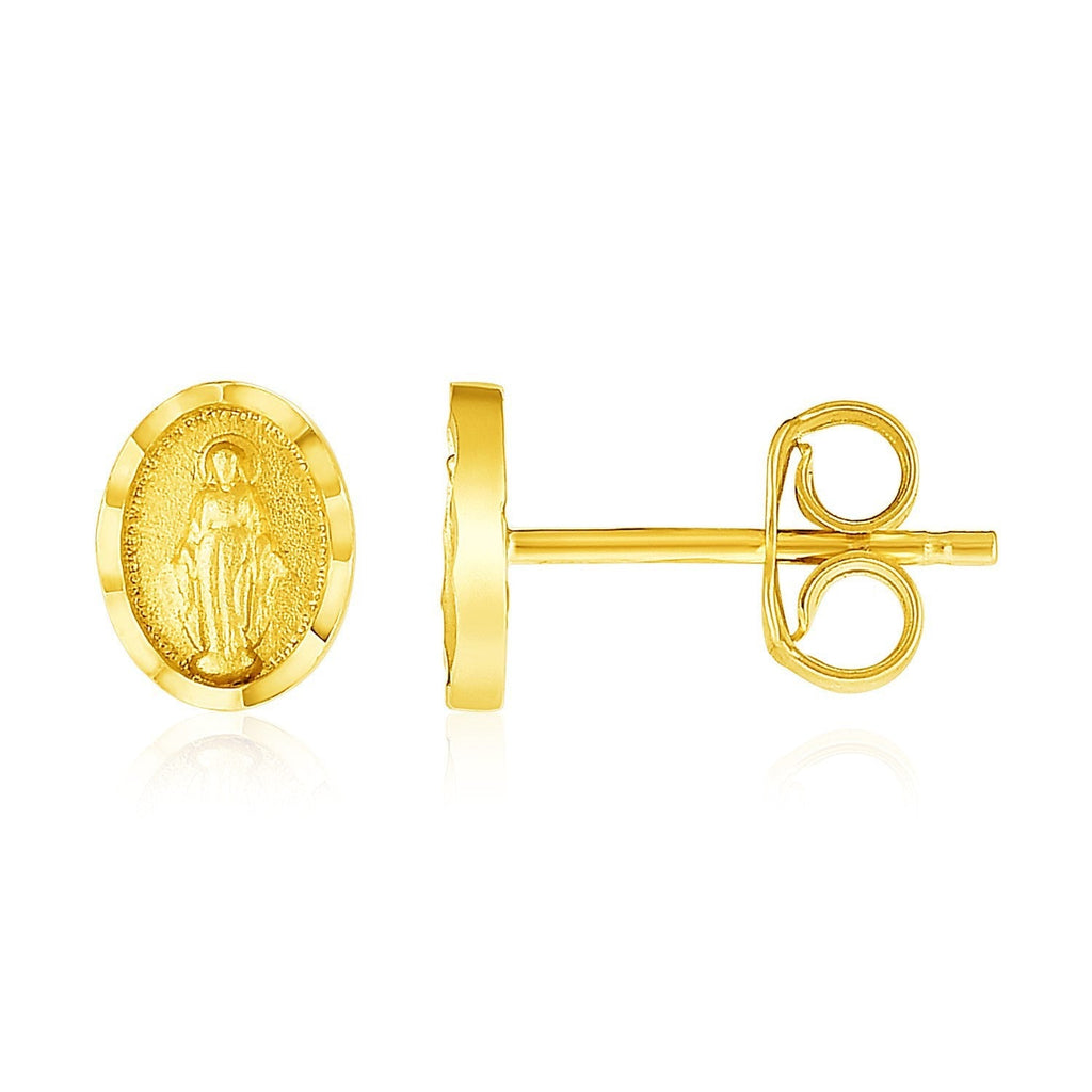 14k yellow gold oval religious medallion post earrings with intricate design, crafted by Plush Fashion Hub.