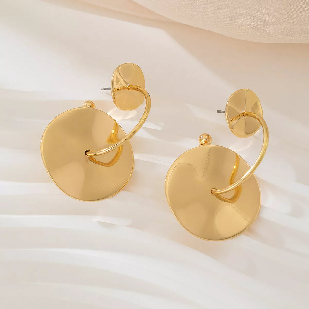 18K gold-plated geometric circle drop earrings with modern design, featuring sleek circular shapes and shiny finish.