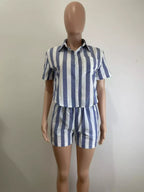 Striped button-up top and shorts set by Shopimist, featuring a casual, stylish design perfect for warm weather.