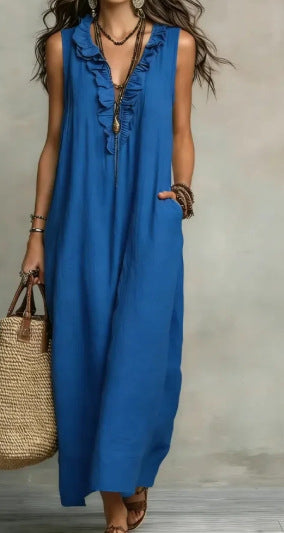 Women's spring and summer ruffle dress with pockets, elegant design by Plush Fashion Hub, featuring a flowy fabric and stylish details.