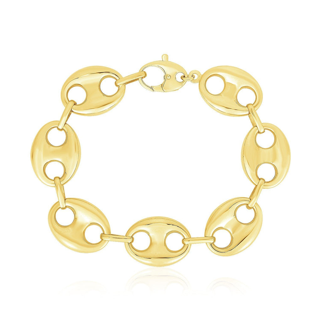14k yellow gold high polish Lite Puffed Mariner Link Bracelet, 21mm, featuring glossy, linked gold jewelry design.