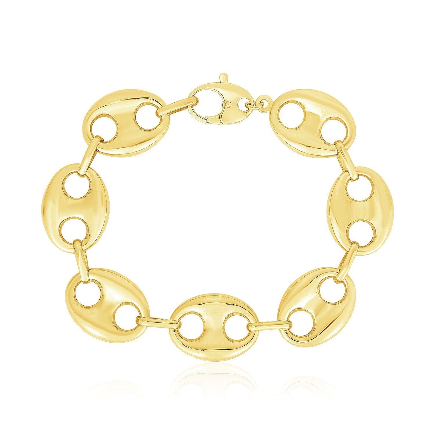 14k yellow gold high polish Lite Puffed Mariner Link Bracelet, 21mm, featuring glossy, linked gold jewelry design.