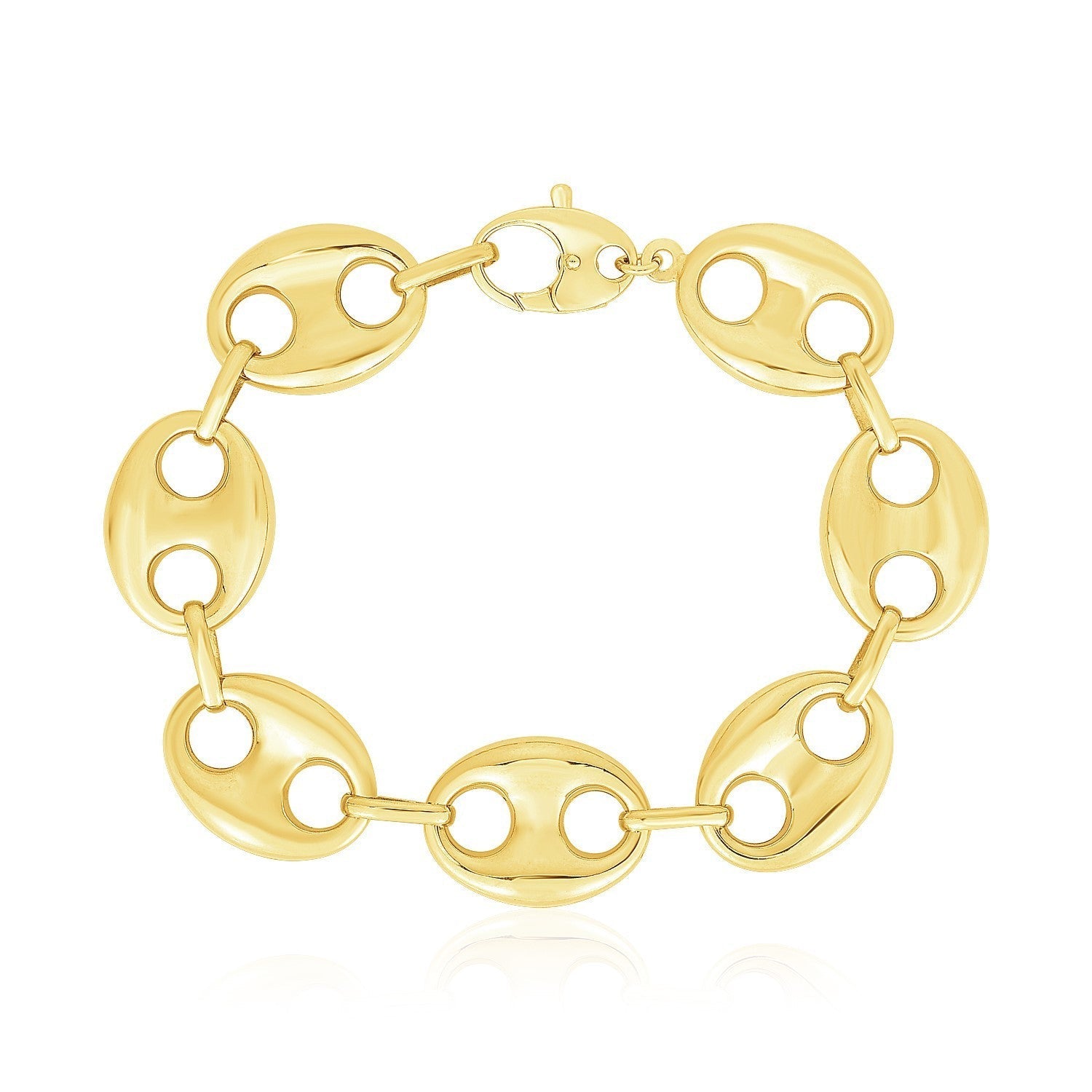 14k yellow gold high polish Lite Puffed Mariner Link Bracelet, 21mm, featuring glossy, linked gold jewelry design.