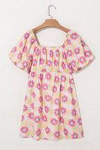 Floral square neck puff sleeve cotton midi dress with pleated flared skirt, designed by Plush Fashion Hub.