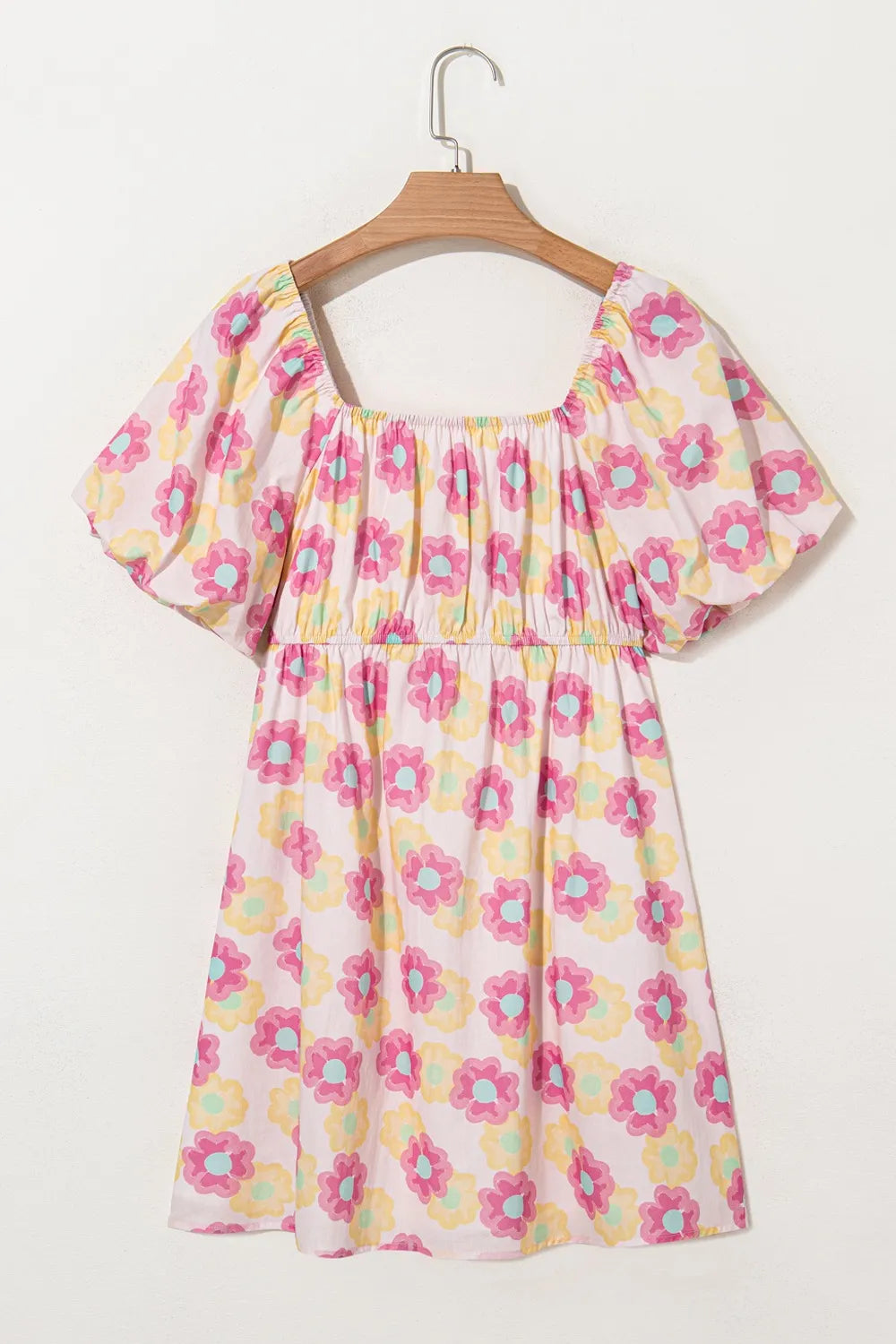 Floral square neck puff sleeve cotton midi dress with pleated flared skirt, designed by Plush Fashion Hub.