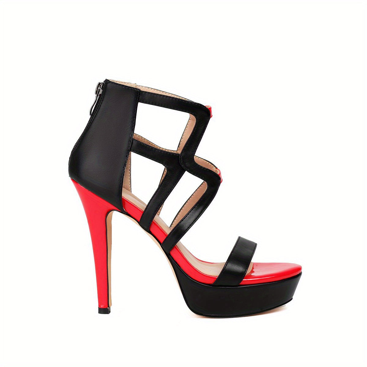 Black and red women’s platform heels with bold strappy design, stylish trendy Attic Store01 sandals.