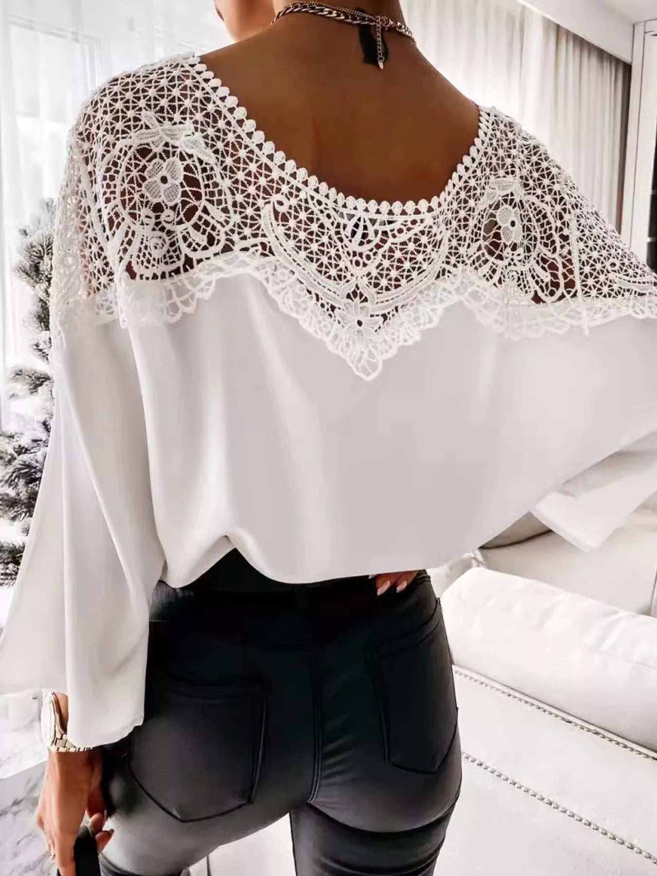 Lace trim long sleeve blouse by Plush Fashion Hub featuring delicate lace details and a relaxed fit.