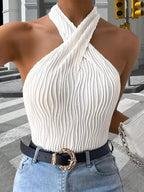 Textured halter neck tank top from Plush Fashion Hub, featuring a stylish design and comfortable fit.