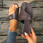 Women's PU leather toe loop sandals with buckle accent from Plush Fashion Hub, featuring a comfortable and stylish shoe design.