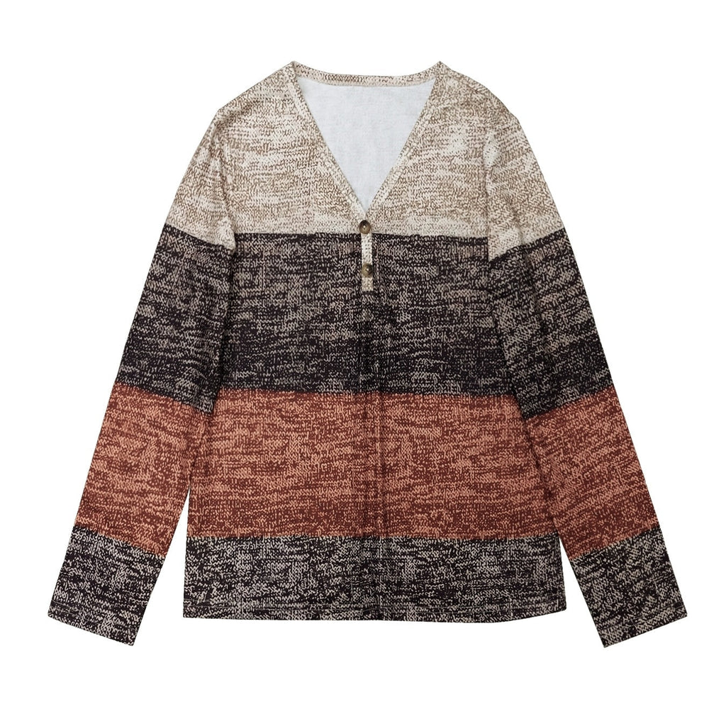 Women's FitiqueFit color block casual long sleeve pullover, comfortable and stylish, shown in a relaxed fit with bold color blocks.