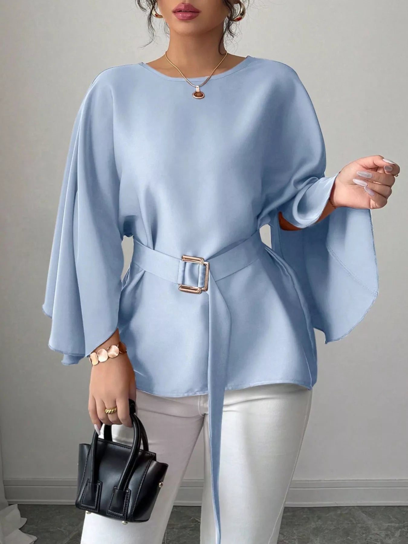 Shopimist batwing sleeve belted blouse with flowing design and tie waist, shown in a stylish, lightweight fabric.