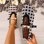 Women's polka dot mesh slip-on flats from Trendsi, lightweight casual walking shoes with breathable mesh and comfortable fit.