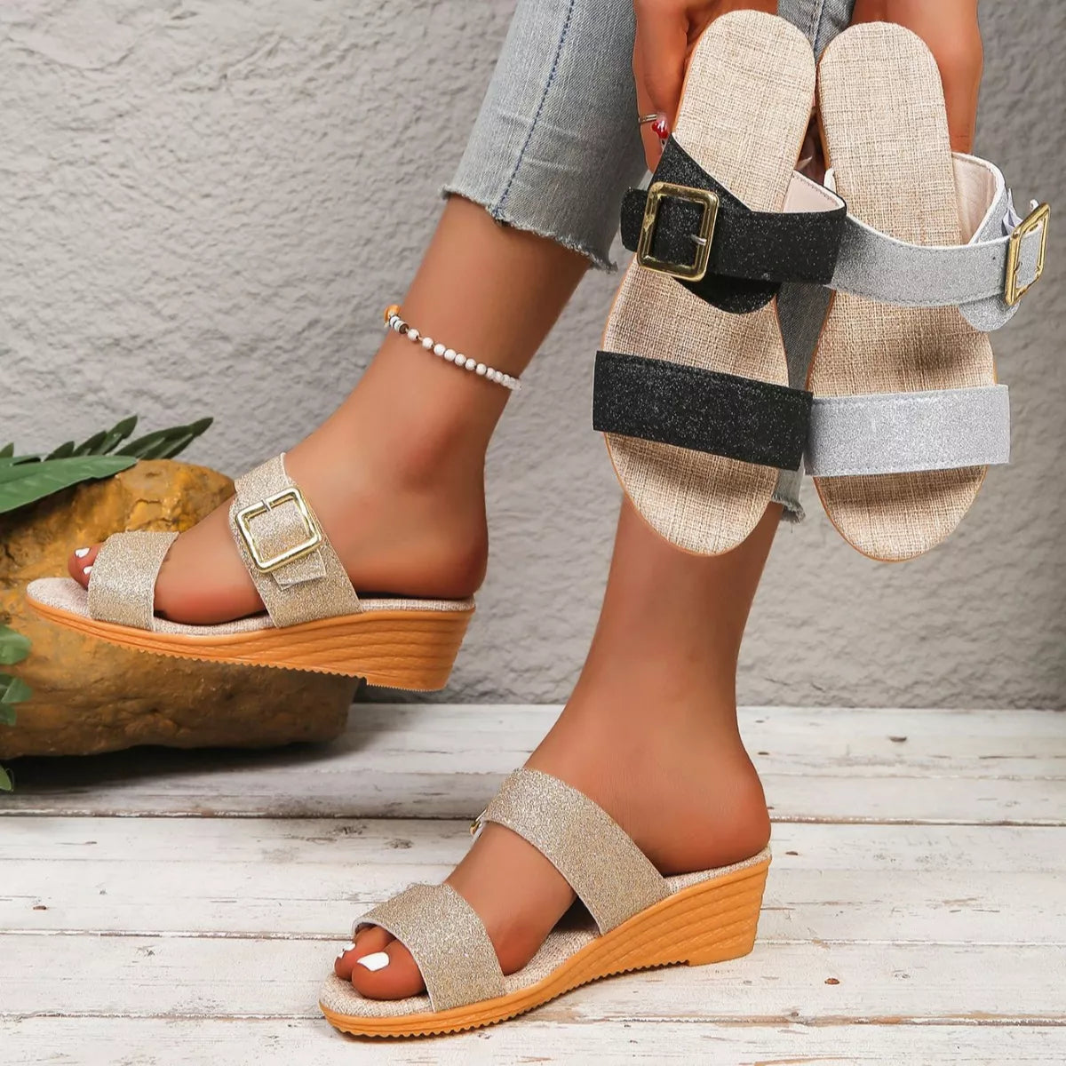 Open toe wedge sandals by Shopimist featuring a comfortable platform and stylish design, perfect for summer footwear.