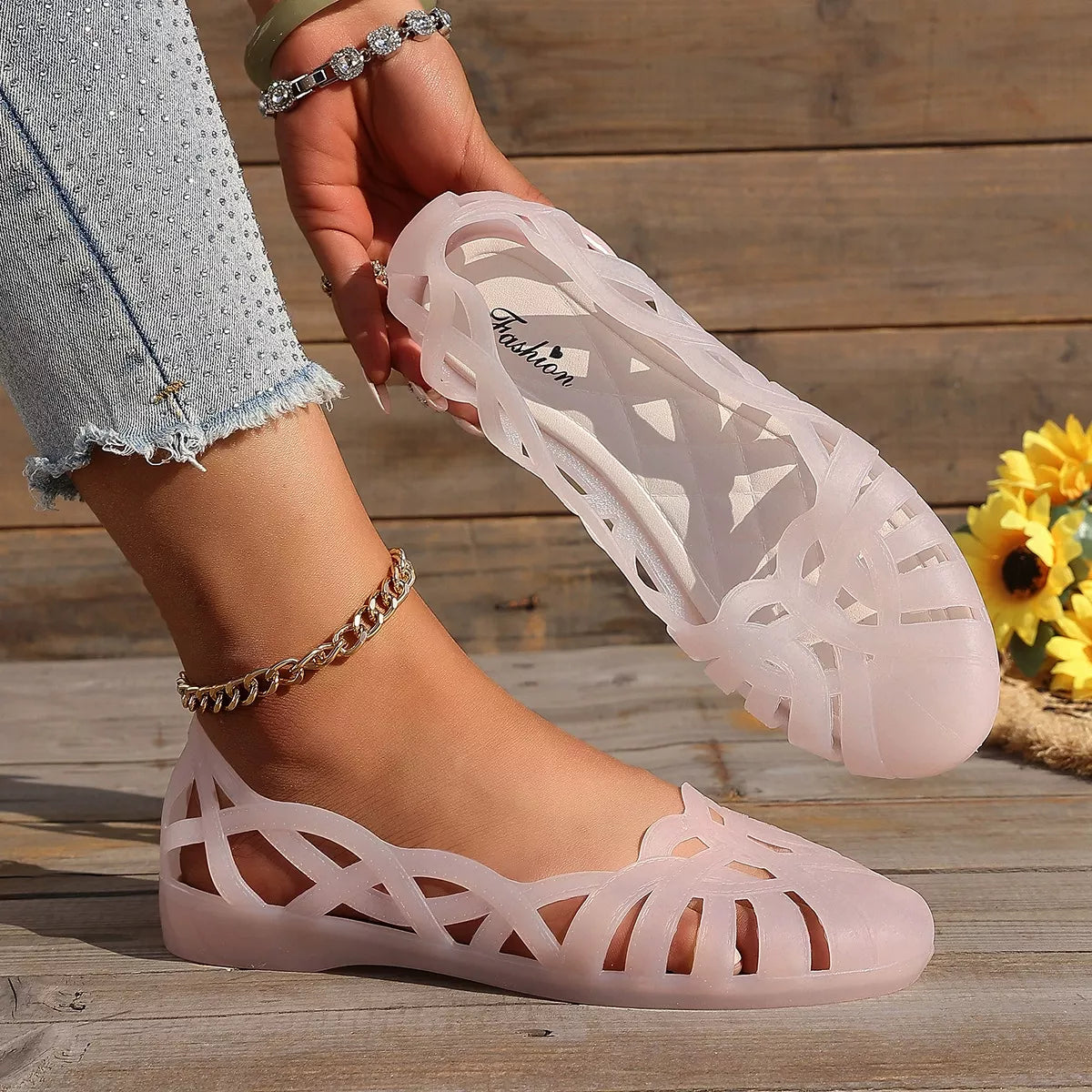 Trendsi round toe flats sandals in neutral color, showcasing comfortable slip-on footwear with a sleek, minimalist design.