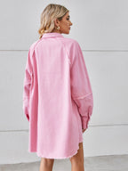 VYSN raw hem button-up denim dress displayed on a mannequin, showcasing its casual style and classic denim fabric.