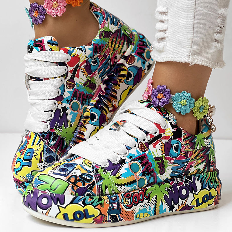 Women's round-toe thick-sole lace-up sneakers by Plush Fashion Hub featuring casual printed design and durable footwear style.