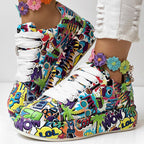 Women's round-toe thick-sole lace-up sneakers by Plush Fashion Hub featuring casual printed design and durable footwear style.