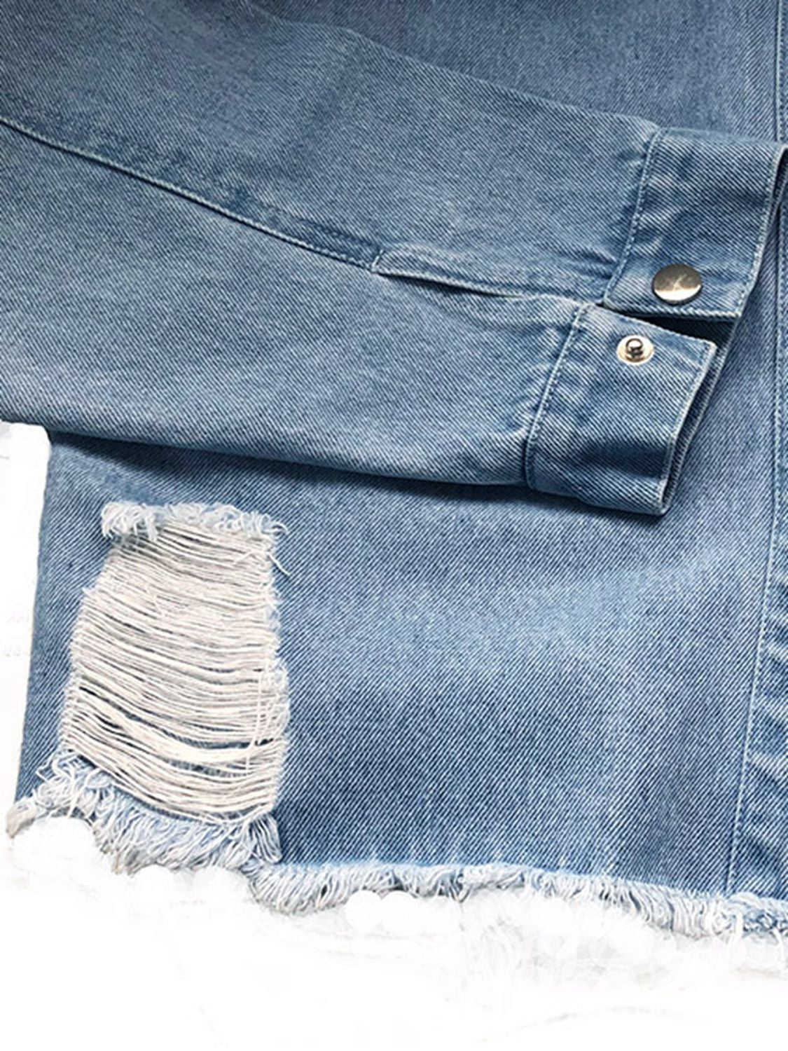 VYSN raw hem denim jacket with collared neck and long sleeves, featuring a casual, stylish design in a classic blue denim fabric.