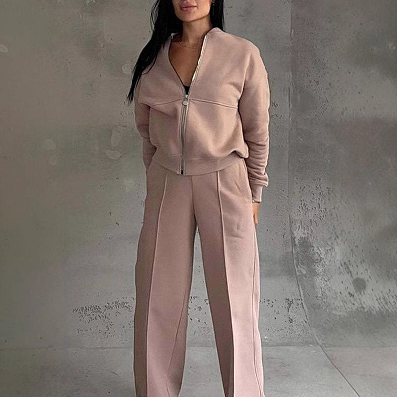 Women’s 2-piece zip-up sweatset with a casual jacket and wide-leg sweatpants from Plush Fashion Hub. Comfortable loungewear.