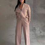 Women’s 2-piece zip-up sweatset with a casual jacket and wide-leg sweatpants from Plush Fashion Hub. Comfortable loungewear.