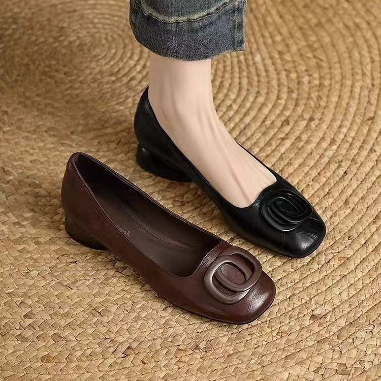 Women's vintage French slip-on flats with round toe, low chunky heel, Mary Jane style, by Plush Fashion Hub.
