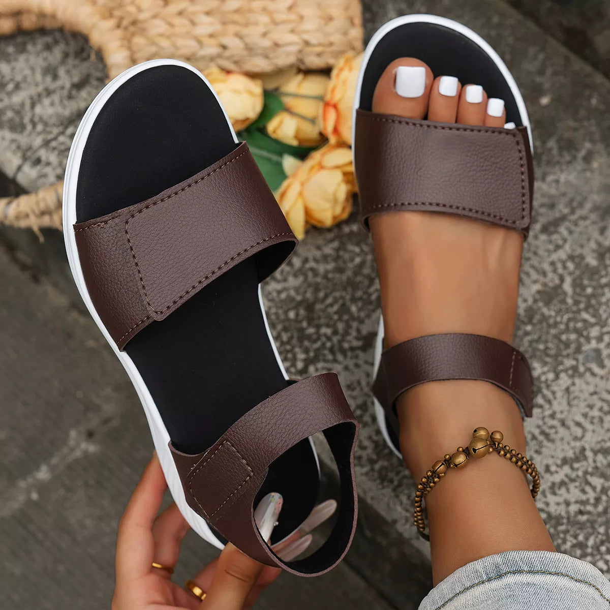 Shopimist open toe flats sandals with sleek design, featuring comfortable straps and a stylish silhouette for casual wear.