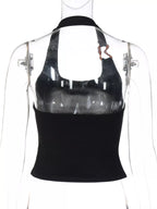 Ribbed halter neck tank top by Shopimist featuring a fitted design and sleeveless style, shown in a neutral color.
