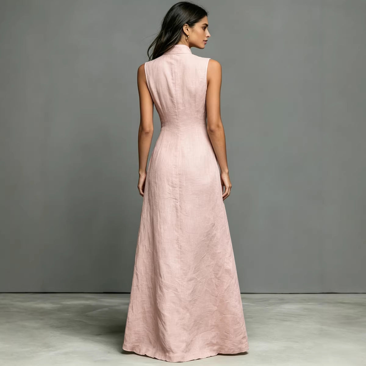 Women's sleeveless midi dress with stand collar and single-breasted design from FitiqueFit, perfect for casual wear.