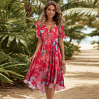 Floral print FitiqueFit A-line dress with V-neck, short sleeves, midi length, perfect for spring and summer wear.