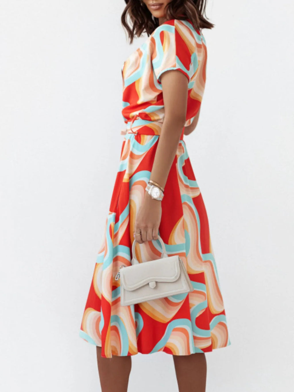 Printed button front midi dress with belt from Shopimist, featuring a stylish pattern and a waist-defining belt.