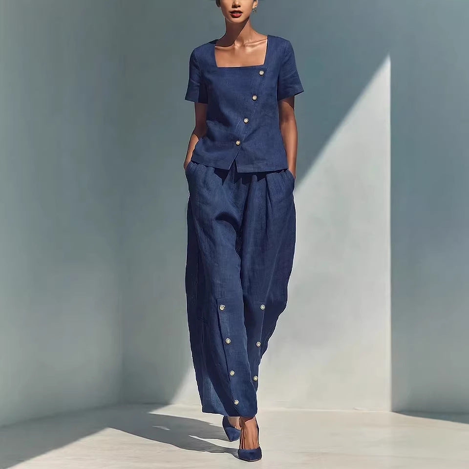 Plus size women's casualwear set with loose short-sleeve top and high-waist pants by FitiqueFit, styled for comfort and relaxed fit.