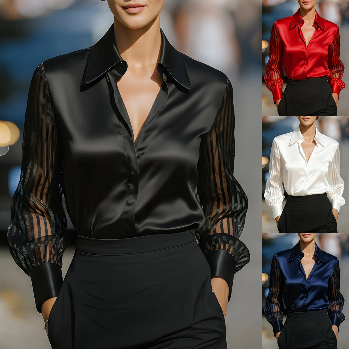 Women’s solid color satin long sleeve shirt by Plush Fashion Hub, loose fit, versatile, with a smooth satin finish.