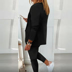 Women’s casual blazer and drawstring pants suit set by FitiqueFit, featuring a notch-lapel blazer and comfortable matching pants.