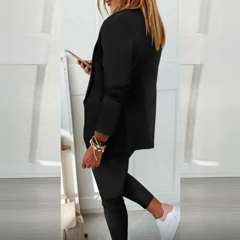 Women’s casual blazer and drawstring pants suit set by FitiqueFit, featuring a notch-lapel blazer and comfortable matching pants.