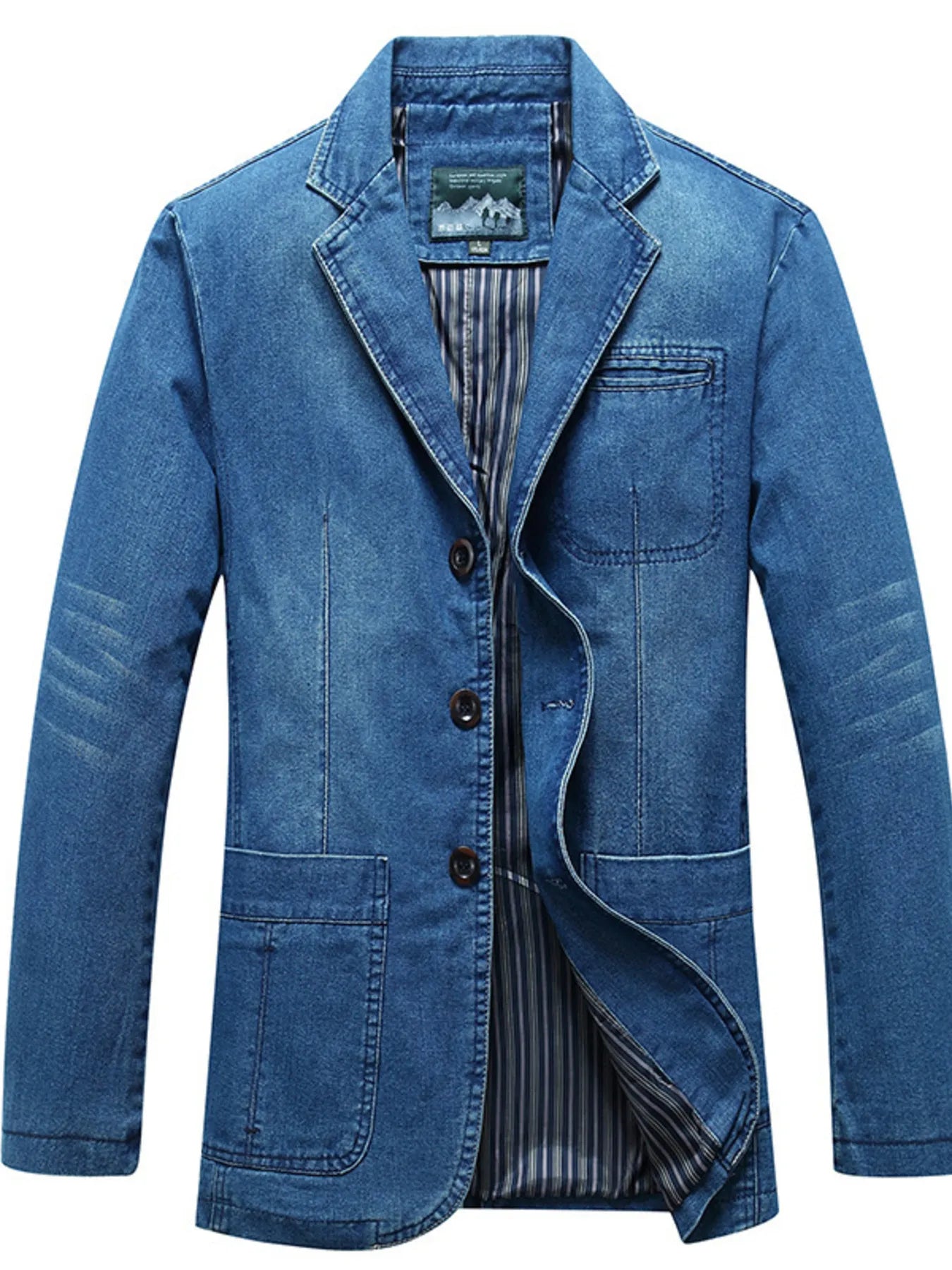 Men's plus size long sleeve denim blazer by Plush Fashion Hub, featuring a classic blue denim design and tailored fit.