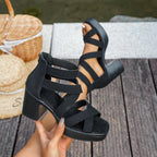 Women's open toe block heel sandals by Trendsi, stylish faux leather shoes with comfortable fit and modern design.