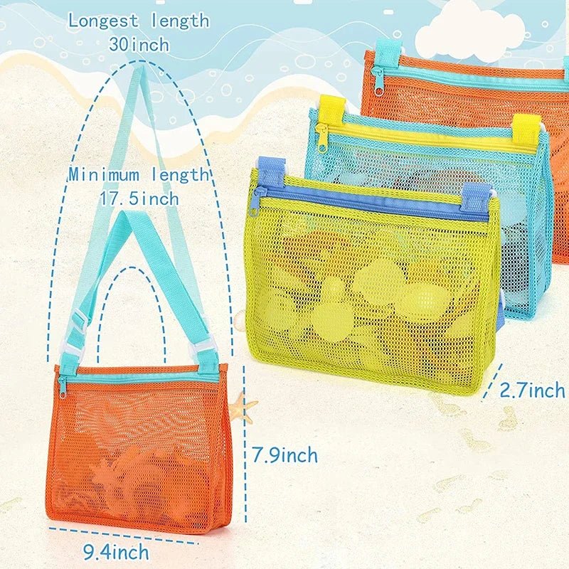 Perfecsy mesh beach toy bag with seashell design, ideal for kids' sand toys, pool accessories, and swimming gear.