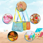 Perfecsy mesh beach toy bag for kids with seashell design, ideal for storing sand toys, pool accessories, and swimming gear.