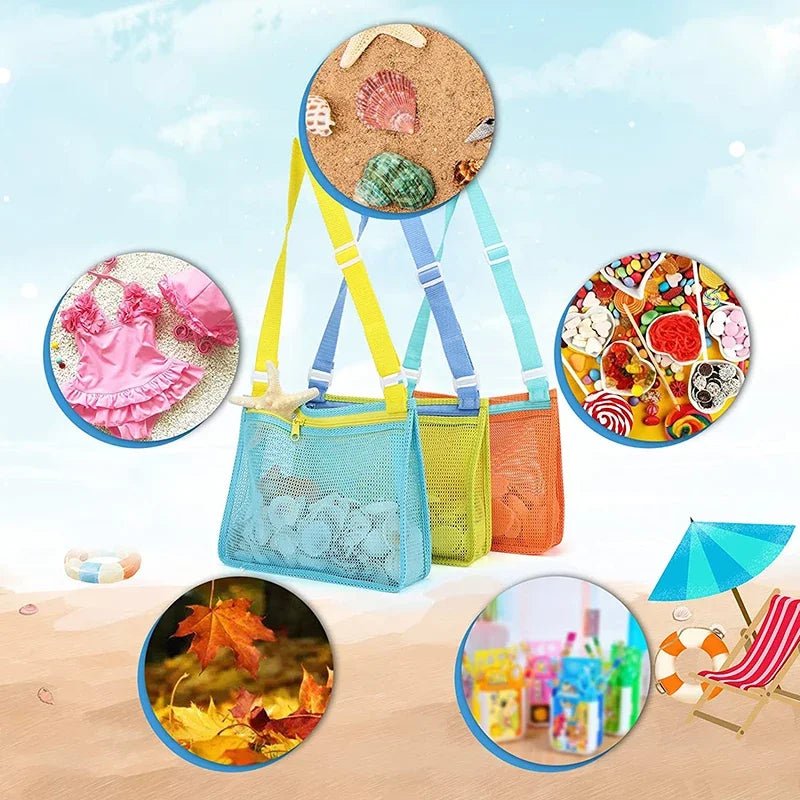 Perfecsy mesh beach toy bag for kids with seashell design, ideal for storing sand toys, pool accessories, and swimming gear.