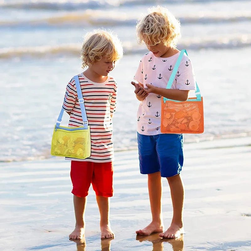 Perfecsy beach toy mesh bag for kids, seashell design, perfect for storing sand toys, pool accessories, and swimming gear.