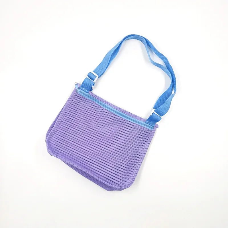 Perfecsy mesh beach toy bag for kids, seashell design, ideal for storing sand toys, pool accessories, and swimming gear.