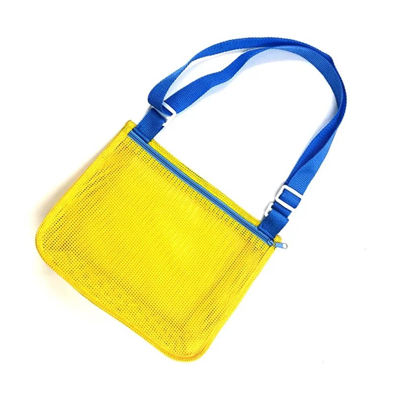 Perfecsy mesh beach toy bag with seashell design, ideal for kids’ sand toys, pool accessories, and swimming gear.